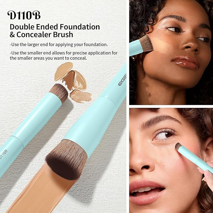 EIGSHOW Makeup Brush Set, 3Pcs Dual Ended Face Makeup Brushes for Foundation Powder Contour Highlight Concealer Nose Shadow, Travel Gift Set (Cyan)