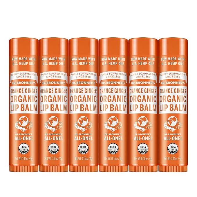 Dr. Bronner’s Organic Lip Balm 6-Pack (.15oz) Natural, Moisturizing, Petroleum-Free Lip Balm with Beeswax & Avocado Oil for Dry Lips, Men & Women - Orange Ginger