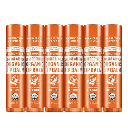Dr. Bronner’s Organic Lip Balm 6-Pack (.15oz) Natural, Moisturizing, Petroleum-Free Lip Balm with Beeswax & Avocado Oil for Dry Lips, Men & Women - Orange Ginger