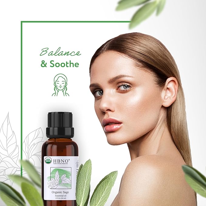 HBNO Organic Sage Essential Oil - 1 oz (30ml) - USDA Certified Organic Sage Essential Oil for Aromatherapy, Soap Making, DIY, Fragrances, Diffuser.