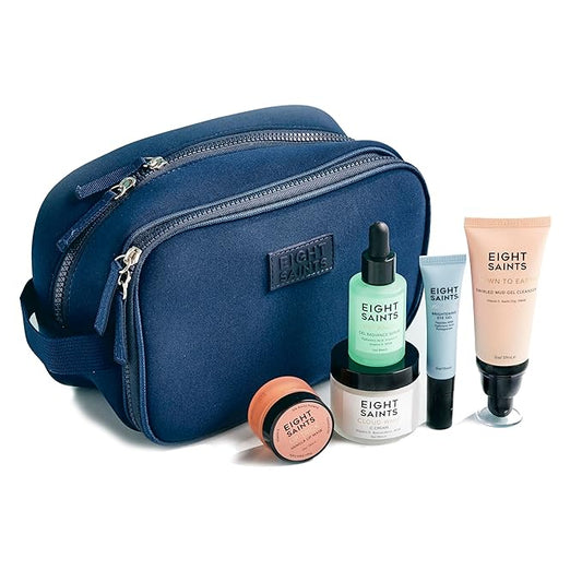 Eight Saints Date Night Skincare Prep Gift Set, All Natural & Organic, Gift Set Includes Eye Gel, Hyaluronic Acid Serm, Mud Face Cleanser, Vitamin C Cream, Lip Mask, and Neoprene Travel Bag, 6 Pc Set