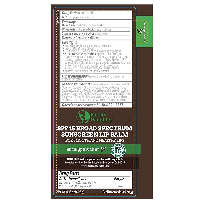 SPF Lip Balm 4-Pack by Earth's Daughter - Lip Sunscreen, SPF 15, Organic Ingredients, Eucalyptus Mint Flavor, Beeswax, Coconut Oil, Vitamin E - Hypoallergenic, Paraben Free, Gluten Free