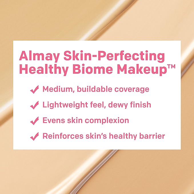Almay Skin Perfecting Healthy Biome Foundation Makeup with Prebiotic Complex SPF 25, Hypoallergenic, -Fragrance Free, 150 Tan, 1 fl. oz.