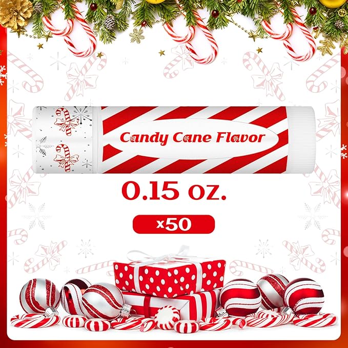 50 Pack Christmas Candy Peppermint Cane Lip Balms Bulk Holiday Flavor Collection Lip Balm Gifts Christmas Stocking Party Gifts Goodie Bags Stuffers for Women Men Staff Employee