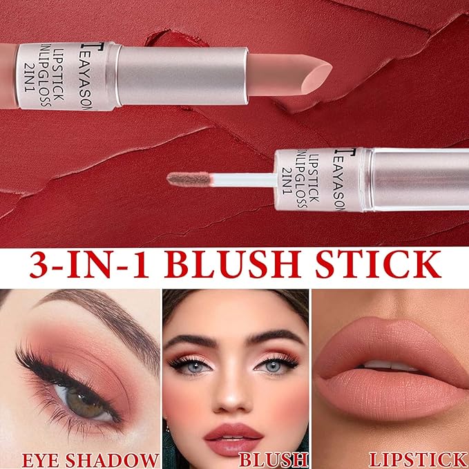 Cream Blush Stick,Blush Stick for Cheeks with Contour Brush,3-in-1 Long Lasting Waterproof Blush&Eye Shadow&Lip Gloss for All Skin Types（02 Rose Pink）