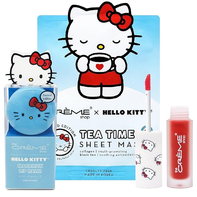 Beauty Bundle The Creme Shop X Hello Kitty Macaron Lip Balm For Cracked/Dry Lips, Hello Kitty Kawaii Kiss Lip Oil Tinted Apple & K-Beauty Tea Time Face Mask; Plumping & Youthful
