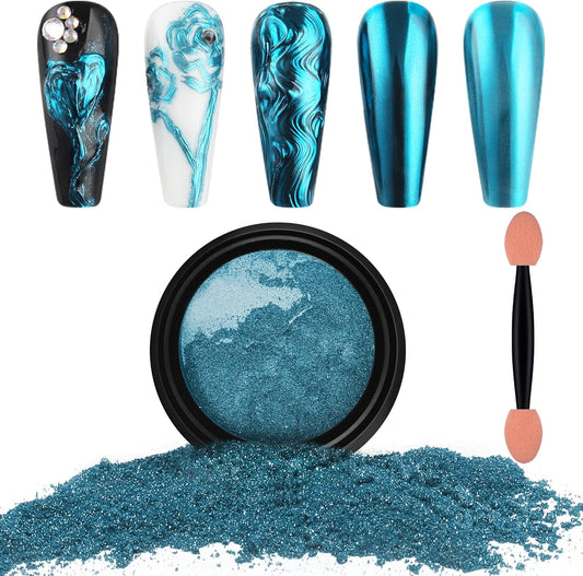 Artdone Chrome Nail Powder, Lake Blue Iridescent Aurora Powder Metallic Mirror Effect Pigment Pearlescent Mermaid Pigment Pearl Glitter Dust Kit, Nail Art Decoration, Resin Craft