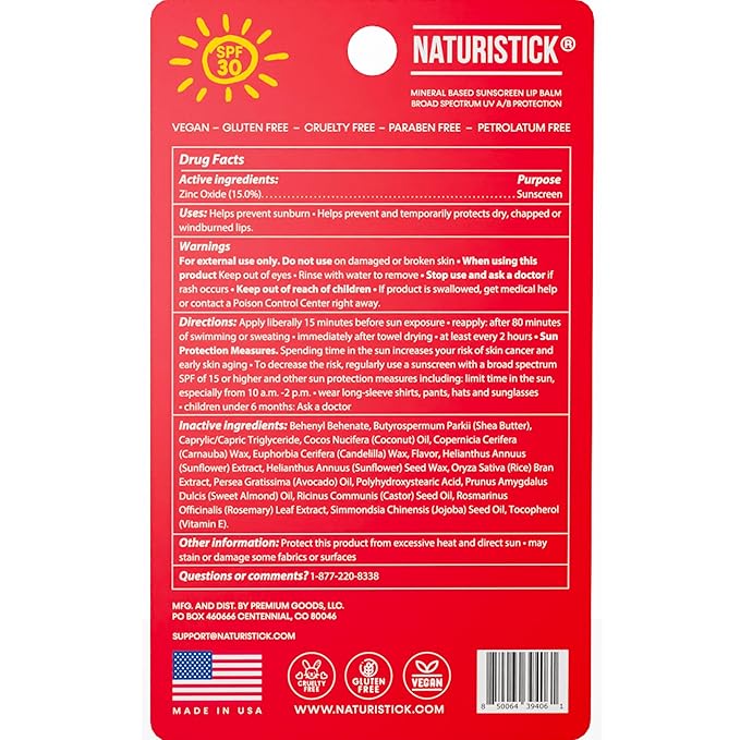 Naturistick SPF 30 Vegan Lip Balm – Mineral Sunscreen with Zinc Oxide | Broad Spectrum UVA/UVB Protection | 100% Natural, Coral-Friendly Formula | Oxybenzone Free | 5-Pack Cherry | Made in USA