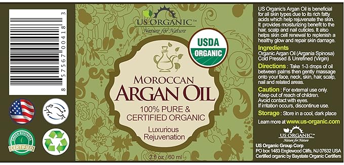 US Organic Moroccan Argan Oil, USDA Certified Organic,100% Pure & Natural, Cold Pressed Virgin, Unrefined, 2 Oz in Amber Glass Bottle, for Hair treatment, Skin, Nail, Cuticle, Sourced from Morocco.