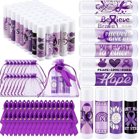 50 Set Overdose Awareness Lip Balms Gifts with 50 Organza Bags 50 Purple Awareness Ribbon Pins Raise Awareness for Domestic Violence Pancreatic Cancer Lupus Alzheimer's Awareness
