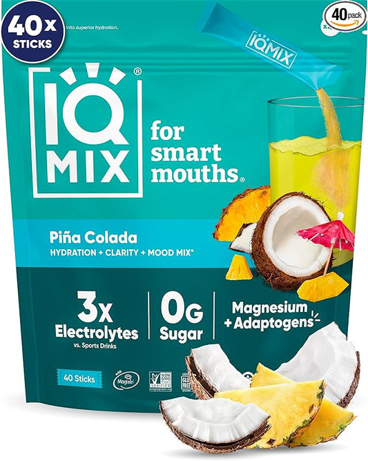 IQMIX Hydration Electrolyte Powder – 4-in-1 Formula for Hydration, Mental Clarity, Mood and Recovery – Sugar-Free Drink Mix, Keto, Magnesium L-Threonate, Lion’s Mane – 40 Count Piña Colada