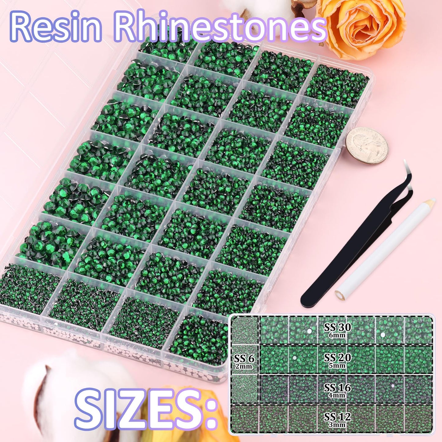 30000Pcs Resin Rhinestones for Bedazzling with Tweezers, Emerald Green Rhinestones for Crafting with B7000 Jewelry Glue for DIY Crafts Clothing Tumblers Shoes Fabric Nail Art