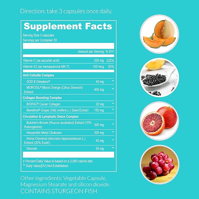 UpNourish Cellulite Vein Health Supplement with Caviar Collagen, SOD DIMPLESS, MOROSIL, Butchers Broom, Horse Chestnut, Leg Wellness and Circulation Support 90ct