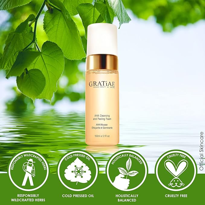 Gratiae organics, AHA Cleansing and Peeling Foam face wash, non-drying facial cleanser for sensitive, acne & allergy prone and all Skin Types, facial cleanser. 5.1 Fl. Oz