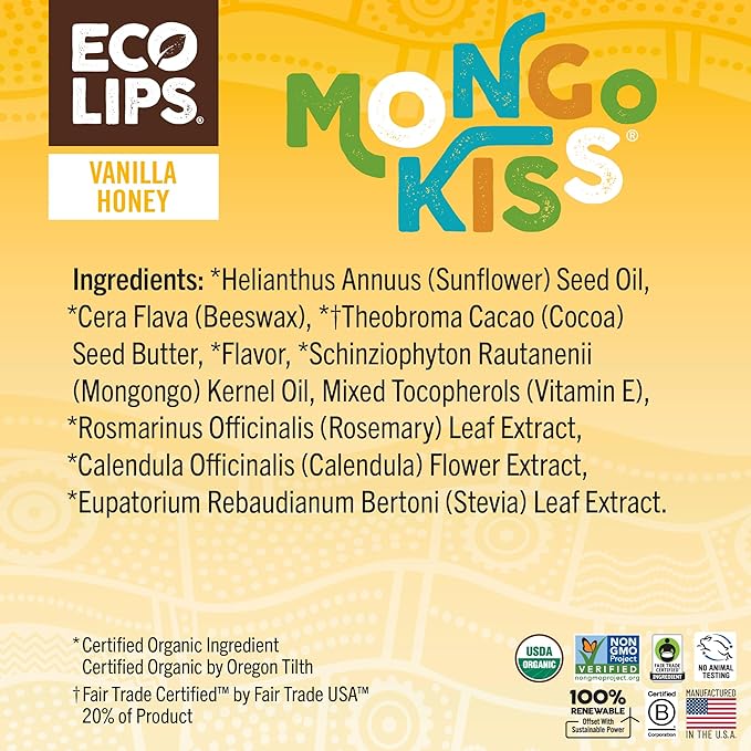 LIP BALM Mongo Kiss 6-Pack (6 tubes) Vanilla Honey by Eco Lips 100% Organic Beeswax & Cocoa Butter Lip Care with Organic Mongongo Oil - Soothe & Moisturize Dry and Cracked Lips - Made in USA