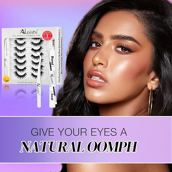 False Eyelashes Kit With Bond, Seal and Tweezer, 7 Pairs Fluffy Natural Look Fake Cat Eye Lashes Strips Thin Band Extensions Waterproof Easy Eyelashes for Beginners DF64