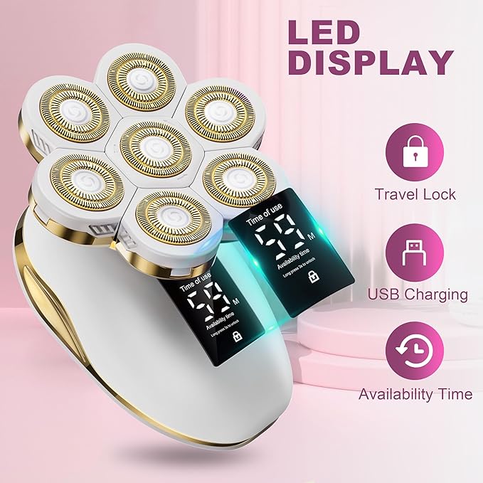 Electric Razors for Women, Wet/Dry 7D Rechargeable Rotary Shaver for Legs, Water Resistant Grooming Kit - Electric Razors for Women, Facial Hair Removal, Bikini Trimmer, Lips - Gentle Hair Remo-Gold