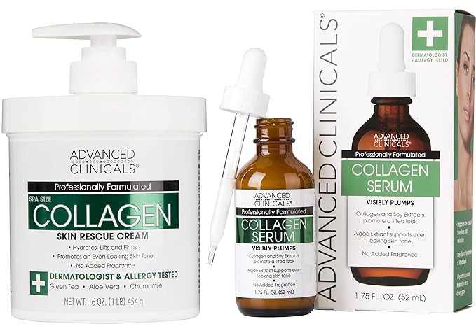 Advanced Clinicals Unscented Collagen Body Cream + Collagen Serum For Face 2PC Skincare Set | Face Serum & Body Lotion For Women & Men Helps Improve Look Of Wrinkles & Dry Skin, Fragrance Free, 2pc