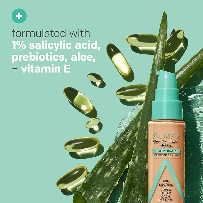 Almay Clear Complexion Acne Foundation Makeup with Salicylic Acid - Lightweight, Medium Coverage, Hypoallergenic, Fragrance-Free, for Sensitive Skin, 400 Neutral, 1 fl oz.