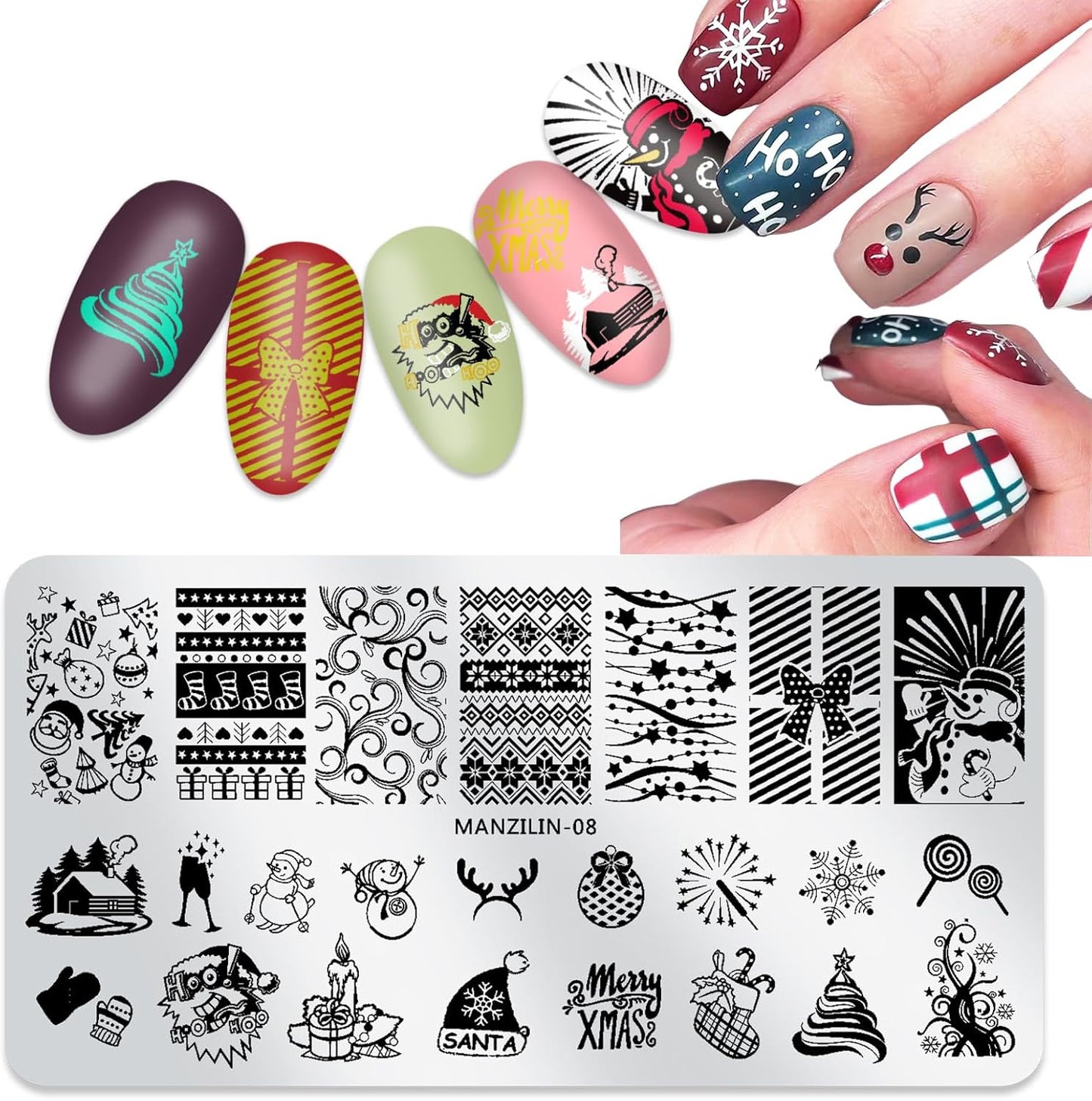 Christmas Nail Stamping Plates - Winter Stamp Kit with Snowflake, Santa Claus, Christmas Tree, Elk & Candy Bells Designs - DIY Stainless Steel Nail Image Polish Template Kit (8Pcs)