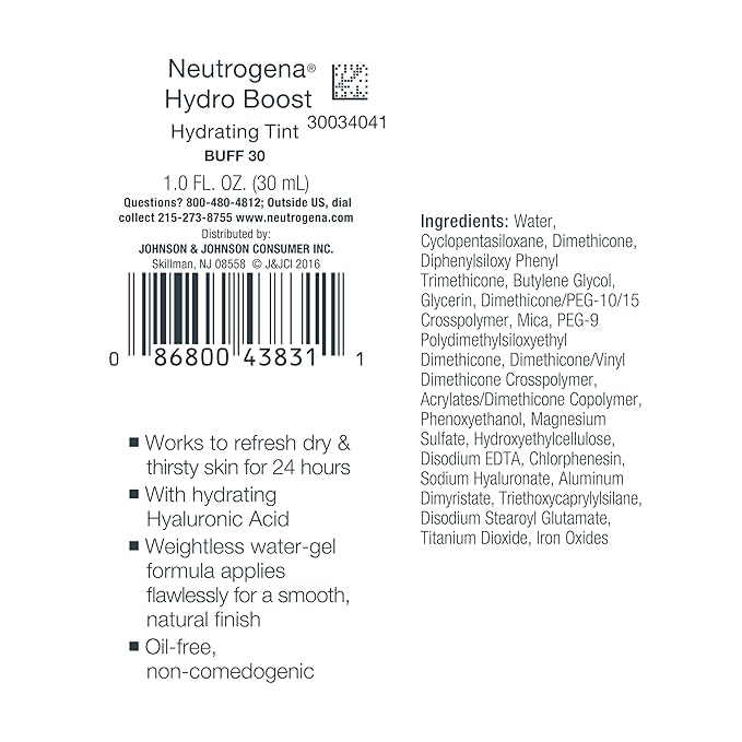 Neutrogena Hydro Boost Hydrating Tint Foundation Makeup for Dry Skin, with Hyaluronic Acid, Lightweight Oil-Free Water Gel, Non-Comedogenic, 30 Buff Color, 1.0 fl. oz