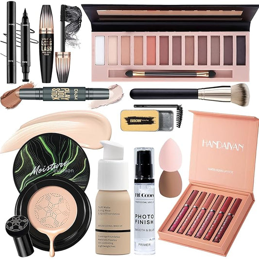 Face Primer, Makeup Brush and Sponges, Eyebrow Soap and Pencil, Mascara, Winged Eyeliner Stamp, cosmetic bag，Eyebrow Soap and Pencil, Mascara, Winged Eyeliner Stamp