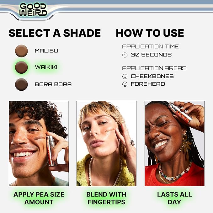 GOOD WEIRD Back From Vacay Bronzer - Vegan Liquid Face Bronzer Gel Cream for Men and Women | Natural Glow Lightweight Highlighter Makeup | Subtle Shimmer | 0.56 fl. oz. | WAIKIKI (Medium Bronze)