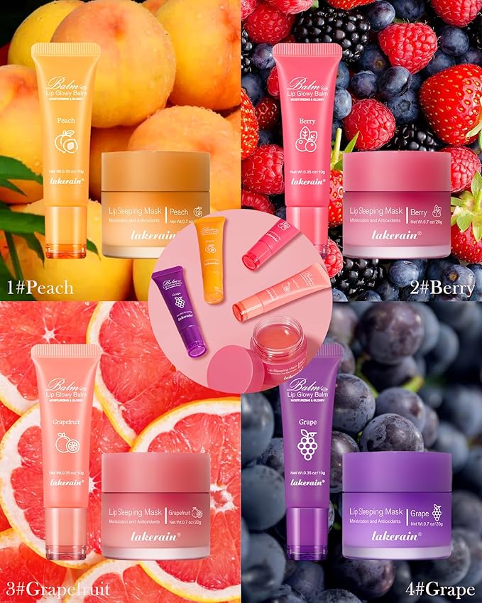 2Pcs Lip Glowy Balm & Lip Sleeping Mask Set,Hydrating Nourishing Repair Sleeping Lip Mask,Glossy Tinted Lip Balm,Day & Night Smooth Cracked Chapped Dry Lip,Lip Care Therapy Treatment for Women-02Berry