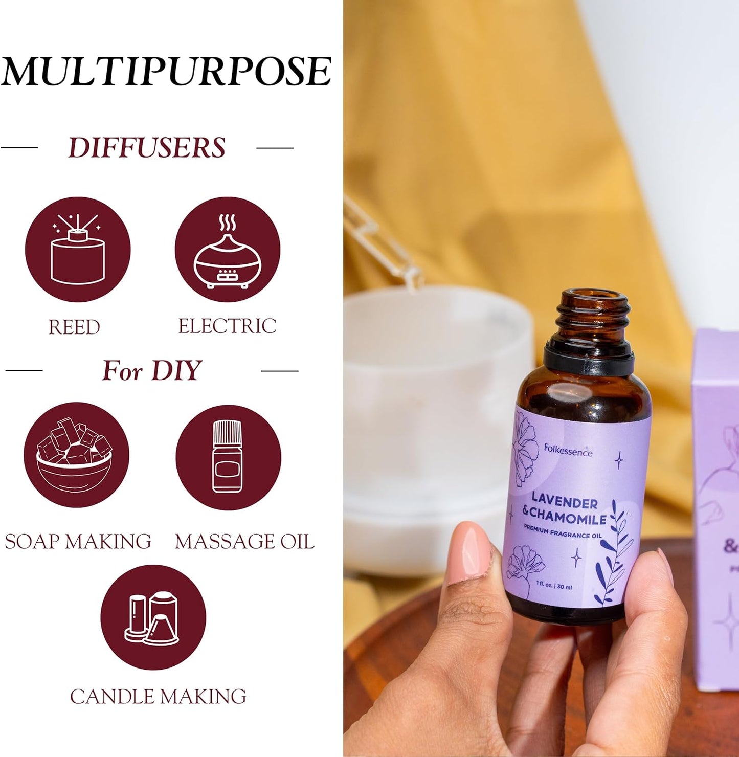 Folkulture Premium Essential Oil Blends for Diffuser for Home | 1.01 Fl Oz Lavender Essential Oils for Aromatherapy | Chamomile Fragrance Oils for Soap & Candle Making Scents or Massage