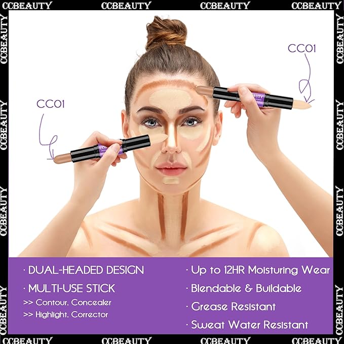 CCbeauty 2pcs 2-IN-1 Matte Contour Highlighter Stick with Blush,Cream Dual-End Highlight Bronzer Concealer & Blusher for Cheeks & Lip, Long Lasting Contouring for Face Shaping Makeup, Medium-Tan