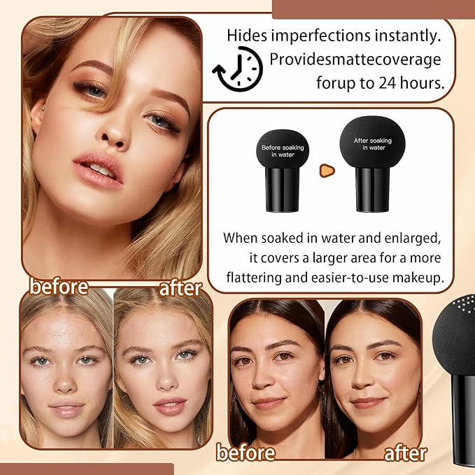 Mushroom Head Air Cushion CC Cream Foundation Makeup,Moisturizing Non-Greasy BB Cream Foundation,Long Lasting Matte Concealer Full Coverage Face Makeup Liquid Foundation for All Skin Types(Natural)