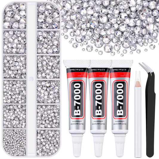 6000Pcs Resin Rhinestones for Bedazzling with 3Pcs B7000 Jewelry Glue, 1 Box Clear Flatback Rhinestones for Crafting Crafts DIY, Crystals Gems for Clothing Shoes Tumblers Nail Art Makeup