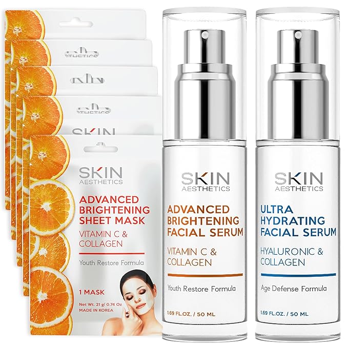 Serum & Face Mask Set, Vitamin C & Collagen & Hyaluronic Acid Value Set - Anti-Aging, Hydrating - Clean Beauty Ingredients, Cruelty-Free Korean Skin Care - Set of 3
