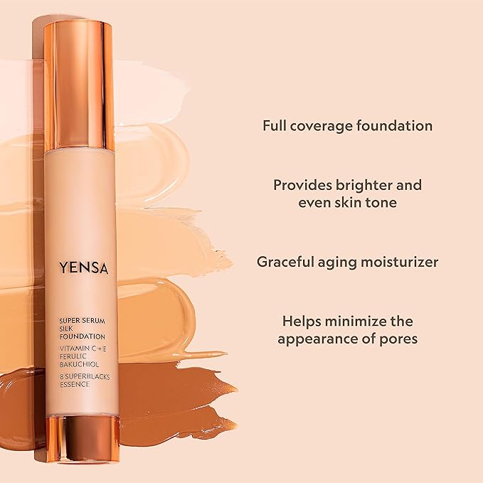 YENSA Super Silk Foundation - Full Coverage, Age-defying complex of Vitamin C, E, Ferulic, and Bakuchiol Oil (Light 2) 1.0 fl oz