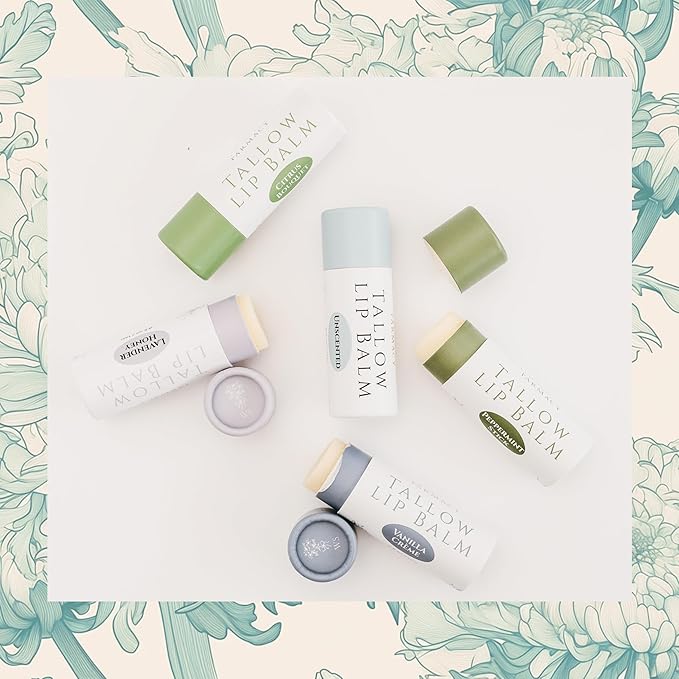 Organic Tallow Lip Balm (Vanilla Crème) from Grass Fed Cows. Super hydrating with Tallow, Olive Oil, Honey, and Beeswax. Sustainable Cardboard Tubes & Hand Filled. Jumbo Size 0.5 oz.