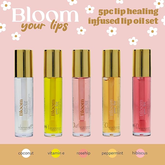 Expressions 5pc Lip Oil Set - Bloom Your Lips Style Essentials Lip Oils, Lip Healing Lip Oil Collection with Precision Applicator Wand | Moisturizing for Everyday Lip Care and Lip Repair (DAISY)