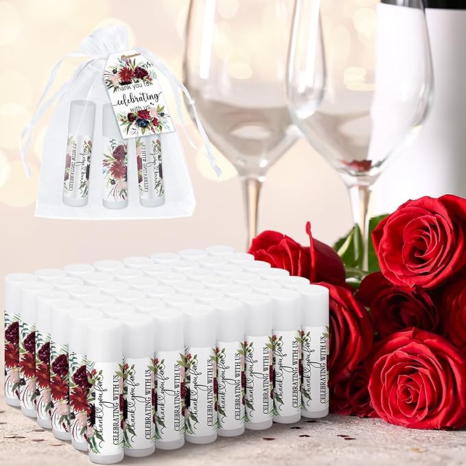 Dunzy 50 Pack Bridal Shower Favors Gifts Bulk Burgundy Floral Lip Balms Party Supplies Wedding Party Favors Bachelorette Prizes Souvenirs Thank You Appreciation Gifts for Guests Women Coworker Staff