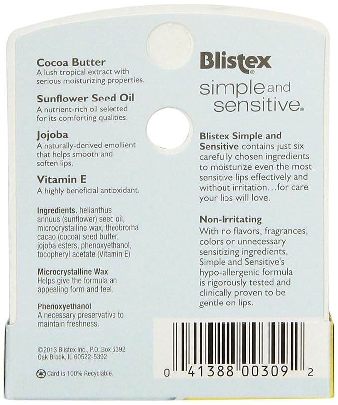 Blistex Moisturizers, Simple and Sensitive, Unflavored, 0.15 Oz (Pack of 24)