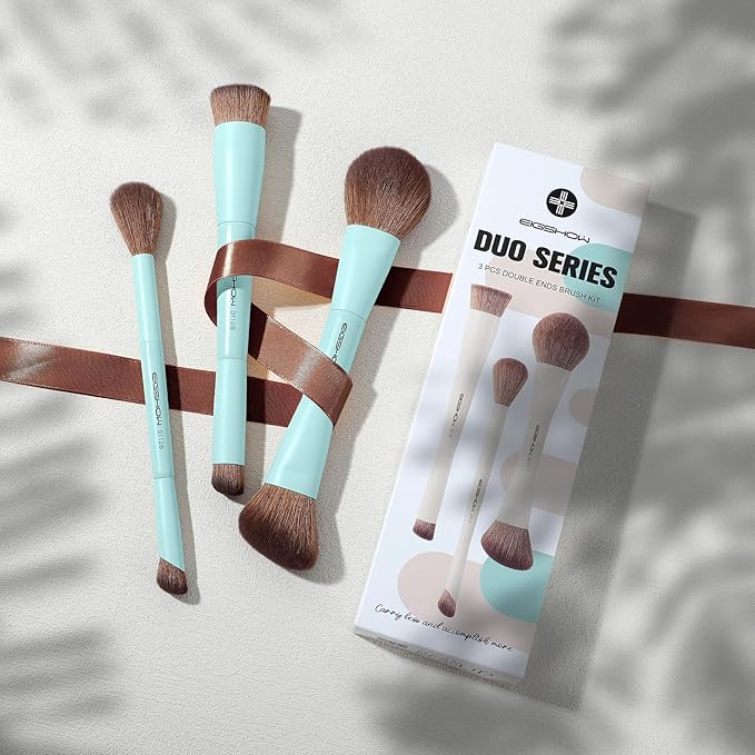 EIGSHOW Makeup Brush Set, 3Pcs Dual Ended Face Makeup Brushes for Foundation Powder Contour Highlight Concealer Nose Shadow, Travel Gift Set (Cyan)