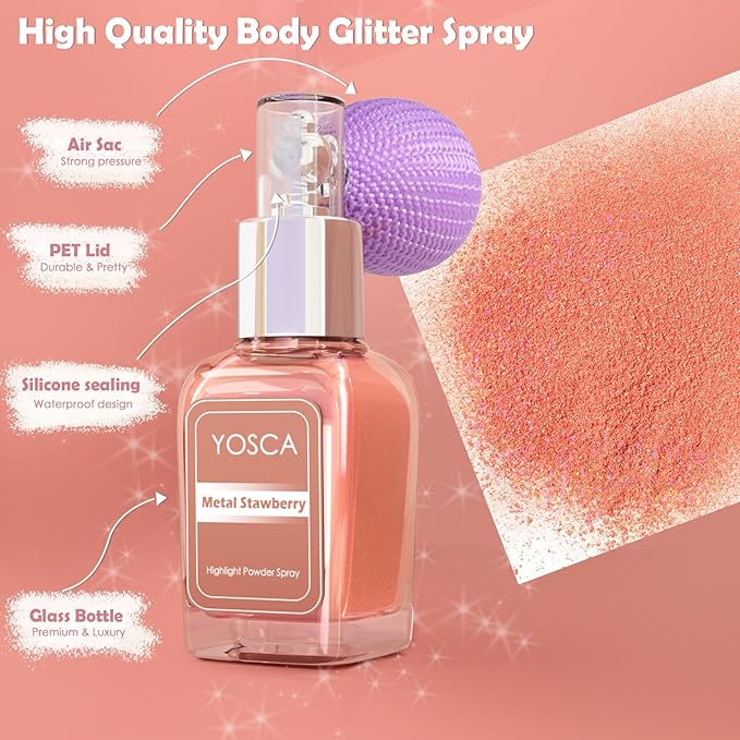 Yosca Highlighter Powder Spray, 20ML Cosmetic Grade Shimmer Powder Glitter Spray Sparkle Highlighter Makeup Festival Concert Accessorise for Rave Clothes Hair Face Nail Art - Metal Stawberry