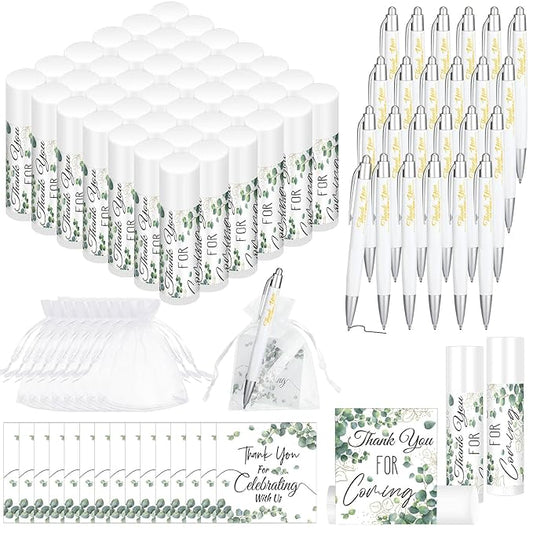 50 Set Bulk Thank You Combo Gifts Include Lip Balms Appreciation Ballpoint Pen Thank You Card Organza Drawstring Gift Bag Pouch for Wedding Parties Baby Shower Favors, Eucalyptus Leaves Style