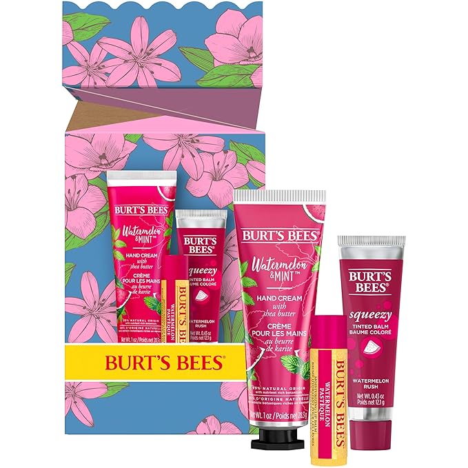 Burt's Bees Mothers Day Gifts for Mom, 3 Self Care Products, You're One in a Melon - Watermelon & Mint Hand Cream, Watermelon Lip Balm & Watermelon Rush Squeezy Tinted Lip Balm (Packaging May Vary)