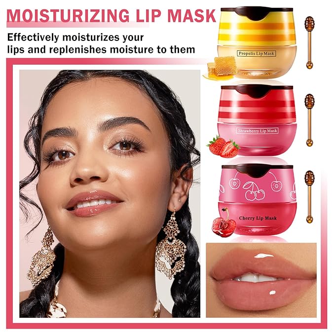 NVLEPTAP 3PCS Bee Lip Balm Honey Pot Honey Lip Balm Strawberry Honey Cherry Lip Sleeping Mask Moisturizing Hydrating Lip Care Products Honey Pot Lip Balm with Stick