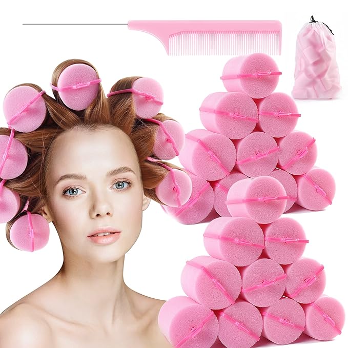 BEAUTIYAND Jumbo Foam Sponge Hair Roller Soft Sleeping rollers Curvy Wavy Hairstyle Curling Hair Styling Tools 24 Pieces Use For Long Hair Short Hair Ladies And Children 2"X2.75" (Pink)
