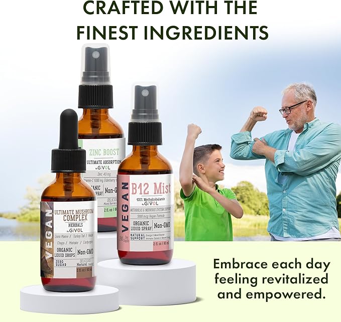 Cognitive Wellness Bundle Liquid Vitamin Trio: Methylcobalamin B12, Lions Mane, Reishi, Chaga Mushroom Complex & Zinc Picolinate: Gluten-Free, Sugar-Free, Non-GMO - 360 Days Supply