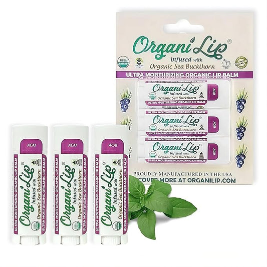 OrganiLip Organic Lip Balm, Acai Flavor, Ultra Hydrating Lip Moisturizer for Cracked or Dry Lips, Oval Shaped Tube, USDA Certified Organic, 3 Pack
