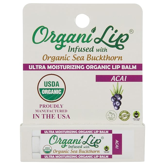 Organic Lip Balm, Acai Flavor, Ultra Hydrating Lip Moisturizer for Cracked or Dry Lips, Infused With Organic Sea Buckthorn, Oval Shaped Tube, USDA Certified Organic, 1 Pack