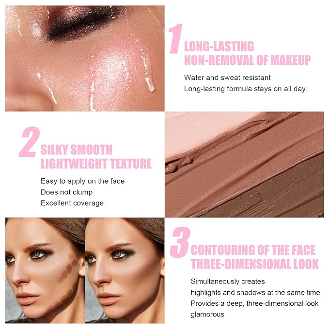 6 Colors Cream Contour Stick Makeup Kit, Shades with Highlighter Stick, Blush Stick and Double-End Bronzer Stick for Sculpt the Cheeks, Waterproof,Dewy & Matte Finish for Beginners (6 COLORS SET B)