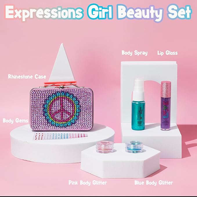 Expressions 6pc Peace & Rhinestones Beauty Set w/Tin Box Storage Case - Body Spray, Body Glitter, Mini Body Gems, and Lip Gloss Set,Washable + Non Toxic
