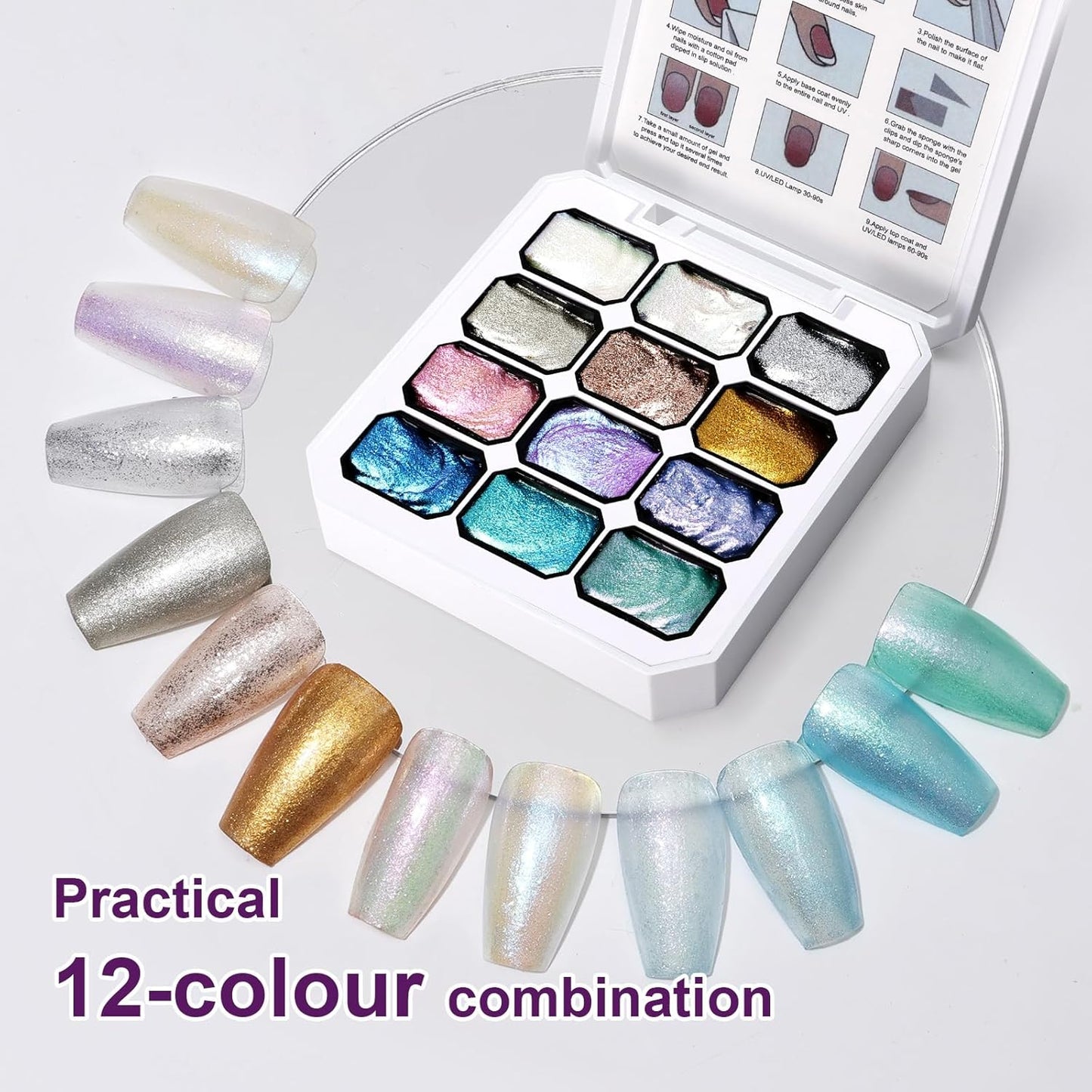 Gradient Painting Gel, 12 Gliter Colors Ombre Gel Nail Polish for Pigment Pat Silver&Gold Pink Blue Aurora color Bright Nails, French Manicure DIY Nail Art No-wipe Palette for Women